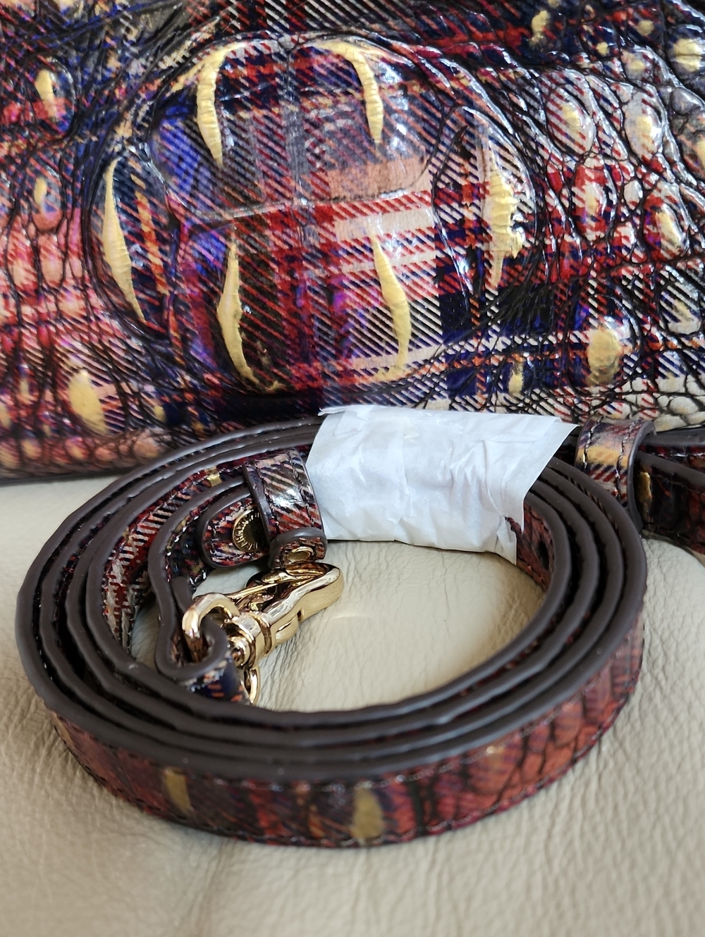 Brahmin Women's Multi-Color Plaid Croc-Embossed Satchel Preowned - Picture 4 of 12